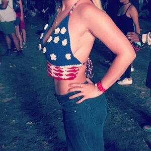 Homemade Knit American Flag Halter Top- 4th of July Top- Size Medium